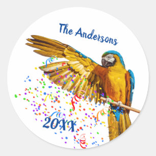 Blue & Yellow Macaw Throws Confetti   Classic Round Sticker