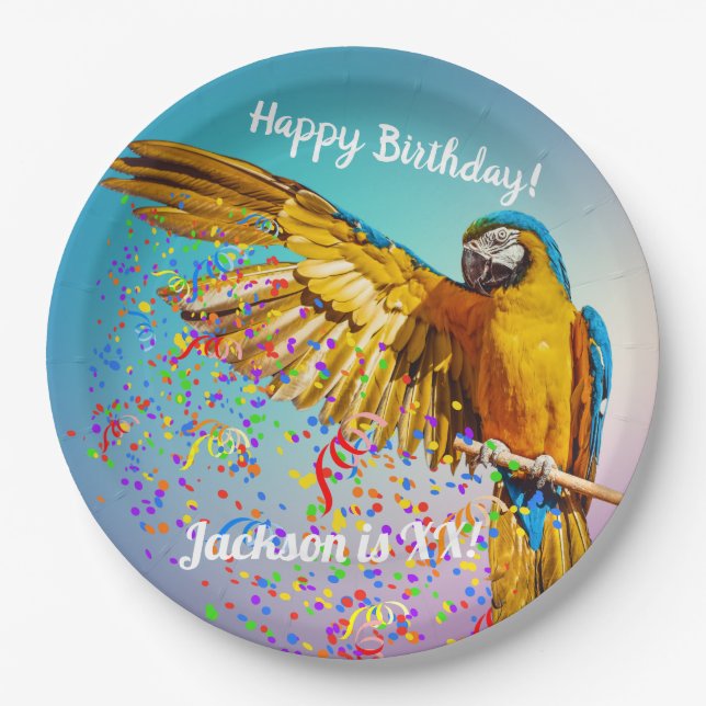 Blue & Yellow Macaw Throws Confetti      Paper Pla Plate (Front)