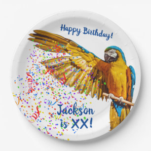 Blue & Yellow Macaw Throws Confetti      Paper Plate