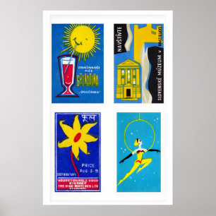 Blue & Yellow Matchbox Labels Grid Print, Vintage Poster