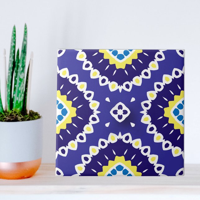 Blue Yellow Mediterranean Azulejos Mosaic Pattern Tile (Creator Uploaded)