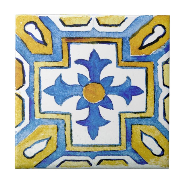 Blue & Yellow Mediterranean Patterned Watercolor Tile (Front)
