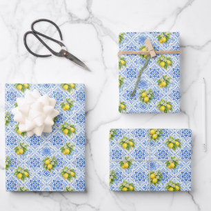Blue Yellow Mediterranean Tile Lemons Italian  Wrapping Paper Sheet