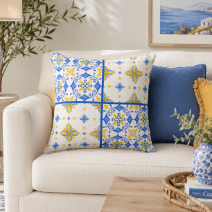 Blue Yellow Mediterranean Tile Patchwork Cushion