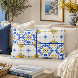 Blue Yellow Mediterranean Tile Patchwork Decorative Cushion