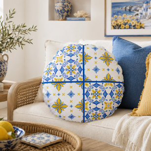 Blue Yellow Mediterranean Tile Patchwork Round Cushion