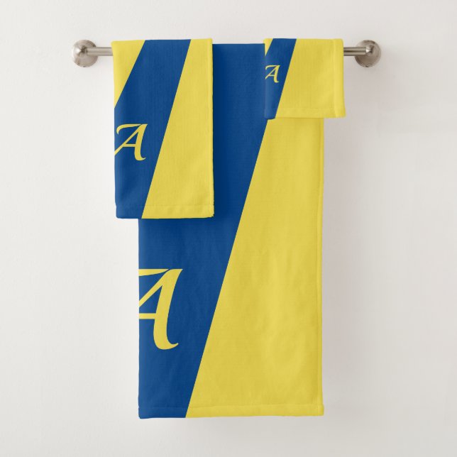 Blue yellow modern elegant chic bold monogrammed bath towel set (Insitu)