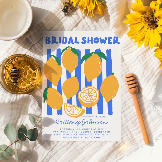 Blue & Yellow Modern Lemon Bridal Shower Invitation (Creator Uploaded)