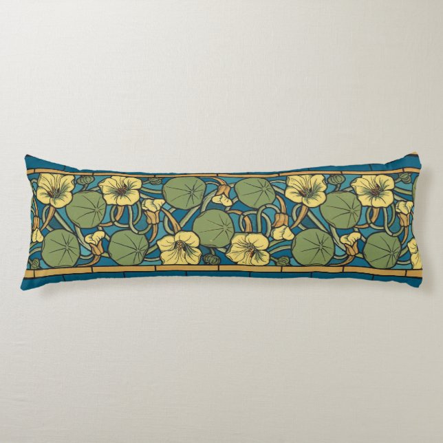 Blue Yellow Nasturtium Flower Nouveau Pattern Body Cushion (Front)