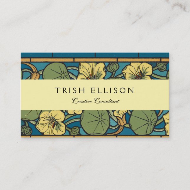Blue Yellow Nasturtium Flower Nouveau Pattern Business Card (Front)