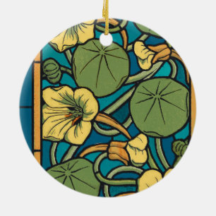 Blue Yellow Nasturtium Flower Nouveau Pattern Ceramic Tree Decoration
