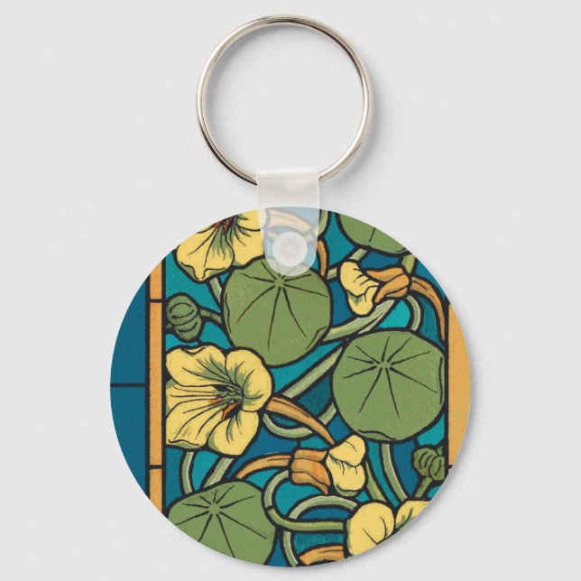 Blue Yellow Nasturtium Flower Nouveau Pattern Key Ring (Front)