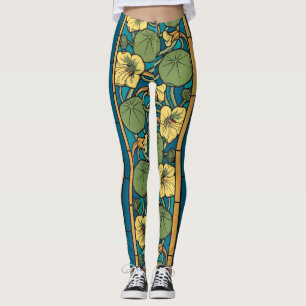 Blue Yellow Nasturtium Flower Nouveau Pattern Leggings