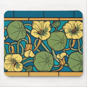 Blue Yellow Nasturtium Flower Nouveau Pattern Mouse Mat