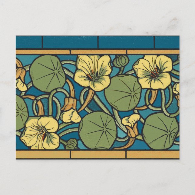 Blue Yellow Nasturtium Flower Nouveau Pattern Postcard (Front)