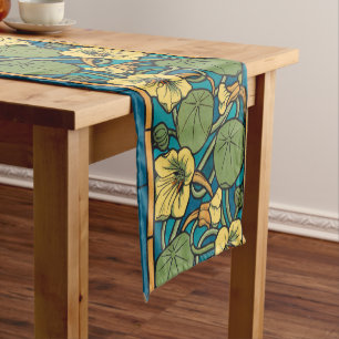 Blue Yellow Nasturtium Flower Nouveau Pattern Short Table Runner