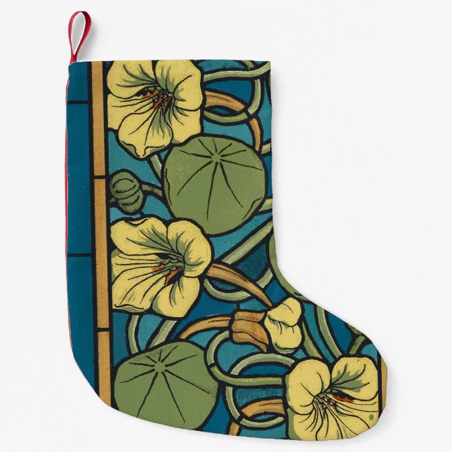 Blue Yellow Nasturtium Flower Nouveau Pattern Small Christmas Stocking (Front)