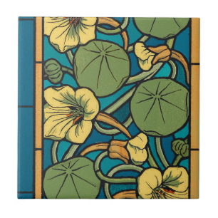 Blue Yellow Nasturtium Flower Nouveau Pattern Tile
