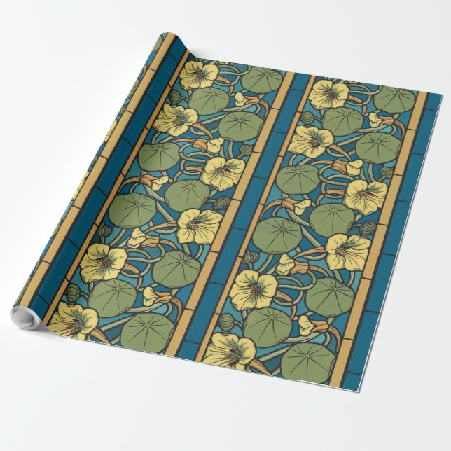 Blue Yellow Nasturtium Flower Nouveau Pattern Wrapping Paper (Unrolled)