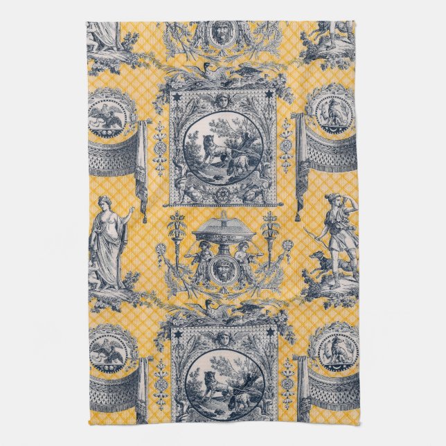 Blue & Yellow Neoclassical Toile French Country Tea Towel (Vertical)