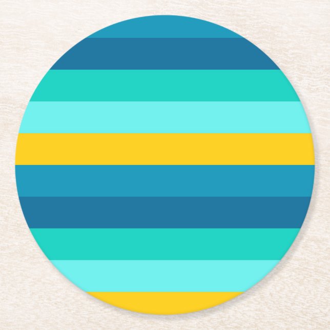 Blue Yellow Ocean Lemon Stripes Round Paper Coaster (Front)