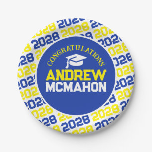 Blue & Yellow on White Graduation Personalised Paper Plate