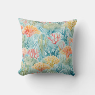 Blue Yellow Orange Coral Reef Nautical Coastal Cushion