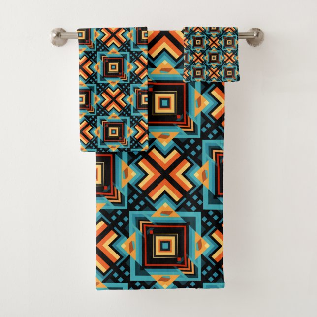 Blue Yellow Orange Decorative Mosaic Bath Towel Set (Insitu)