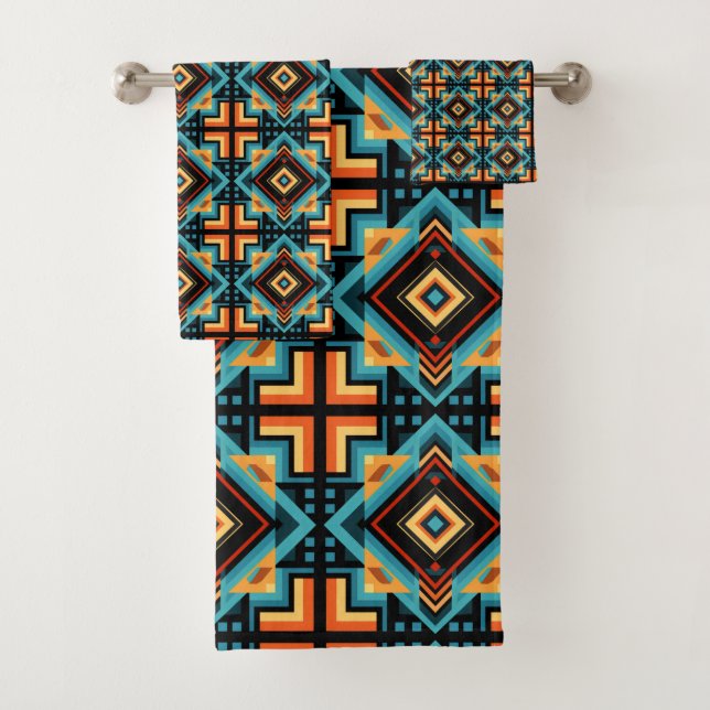 Blue Yellow Orange Decorative Mosaic Bath Towel Set (Insitu)