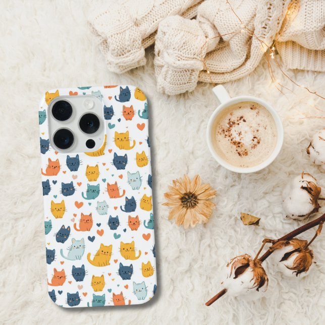 Blue Yellow Orange Kawaii Cat Pattern Cat Lover iPhone Case (Blue orange and yellow cute kawaii whimsical cat pattern on this iPhone. Available on all current )