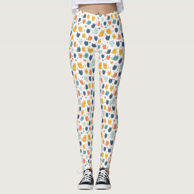 Blue Yellow Orange Kawaii Whimsical Cat Pattern Leggings (Front)