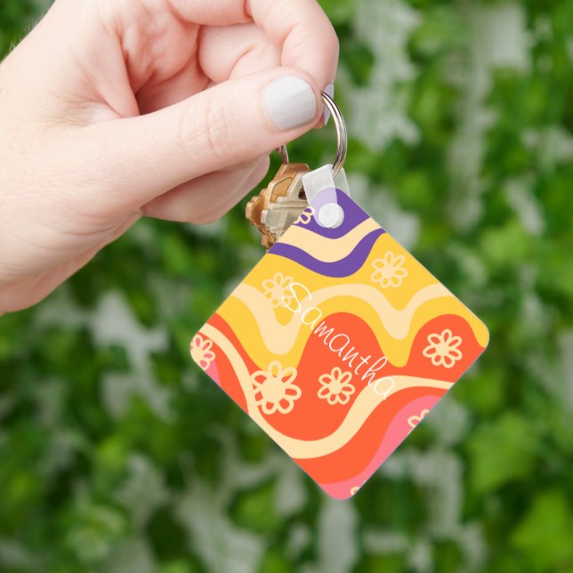 Blue,Yellow,Orange, Pink Floral Abstract  Key Ring (Hand)