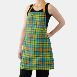 Blue Yellow Orange Plaid Tartan Design Apron