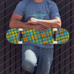 Blue Yellow Orange Plaid Tartan Design  Skateboard
