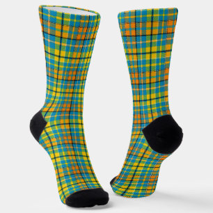 Blue Yellow Orange Plaid Tartan Design Socks