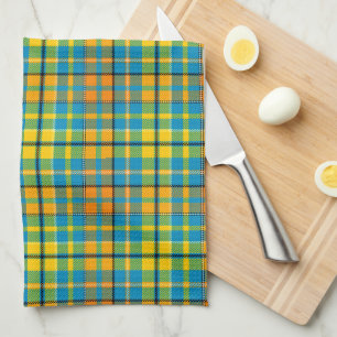 Blue Yellow Orange Plaid Tartan Design Tea Towel