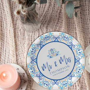 Blue Yellow Ornamental Mr Mrs Name Wedding Party Paper Plate