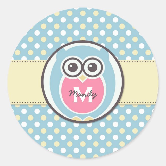 Blue Yellow Owl Cartoon Monogram Sticker (Front)