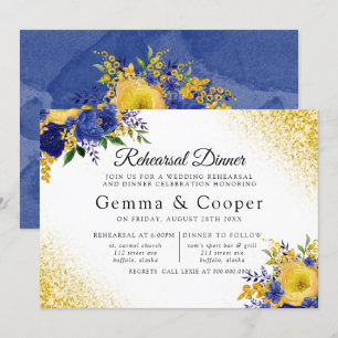 Blue Yellow Painted Floral Gold Rehearsal Dinner Invitation