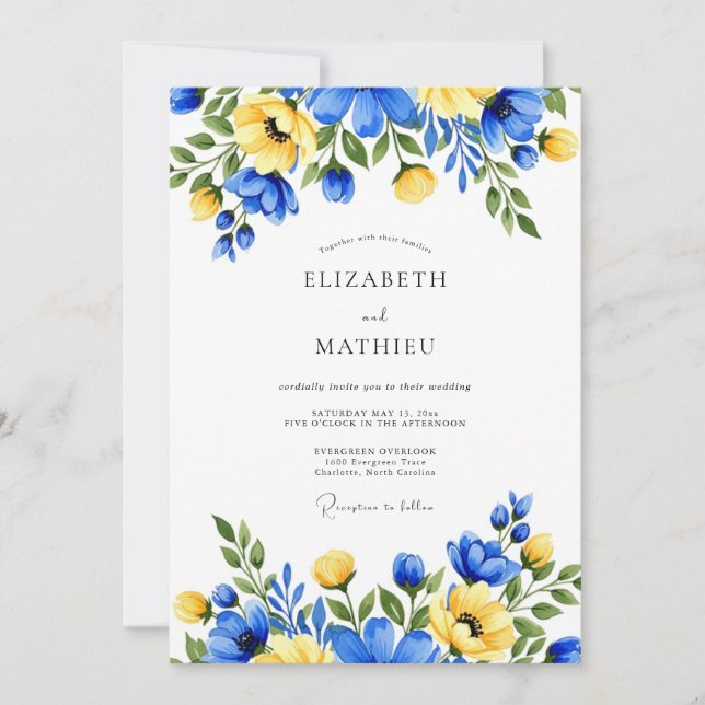 Blue Yellow Painterly Floral Wedding Invitation (Front)