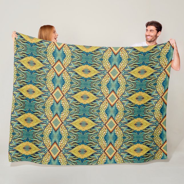 blue yellow painting pattern fleece blanket (In Situ)