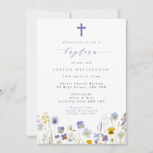 Blue & Yellow Pansies Wildflowers Baptism Invitation
