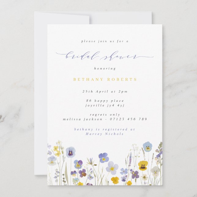 Blue & Yellow Pansies Wildflowers Bridal Shower Invitation (Front)