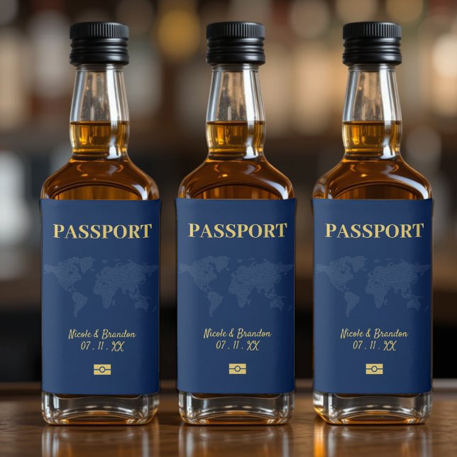 Blue & Yellow Passport Destination Wedding Liquor Bottle Label (Blue & Yellow Passport Destination Wedding Liquor Bottle Label
)