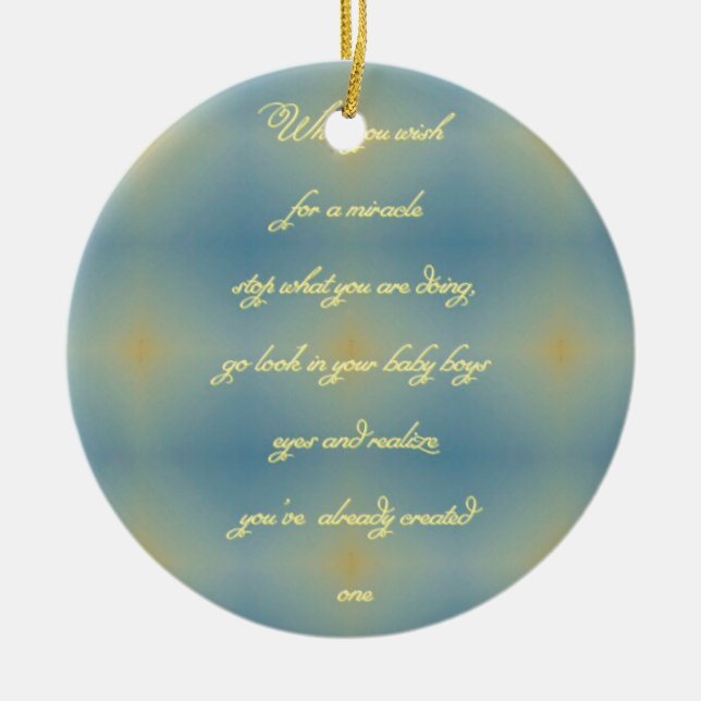 Blue Yellow Pattern "Created A Miracle" Baby Boy Ceramic Tree Decoration (Front)
