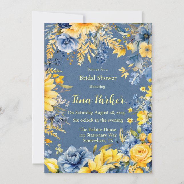 Blue Yellow Peony Watercolor Bridal Shower Invitation (Front)