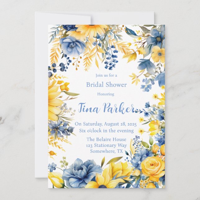 Blue Yellow Peony Watercolor Bridal Shower Invitation (Front)