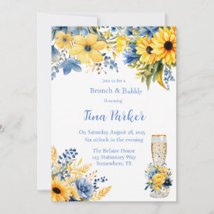 Blue Yellow Peony Watercolor Brunch and Bubbly Invitation