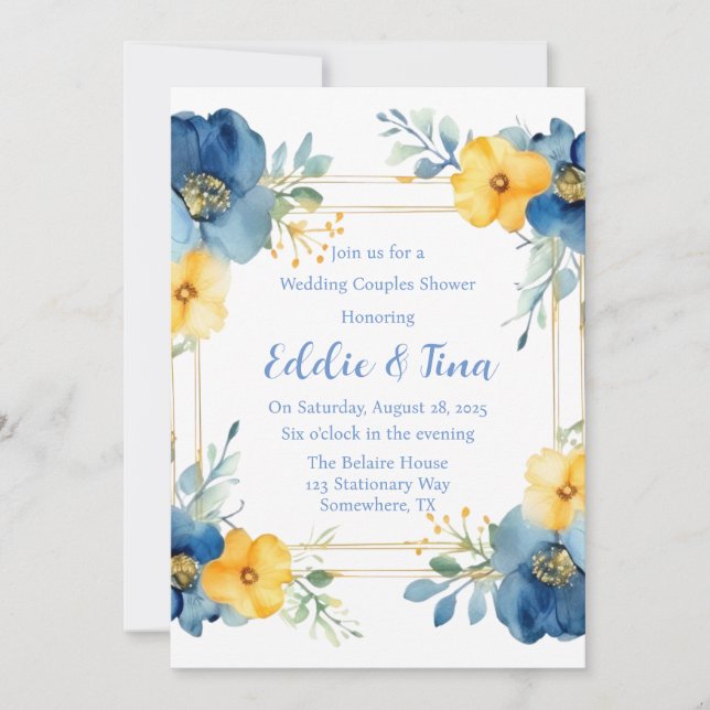 Blue Yellow Peony Wedding Couples Shower Invitation (Front)