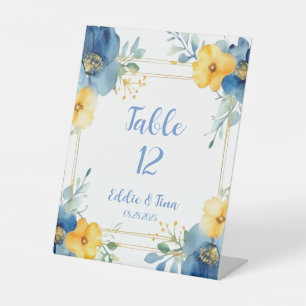 Blue Yellow Peony Wedding Table Numbers Pedestal Sign